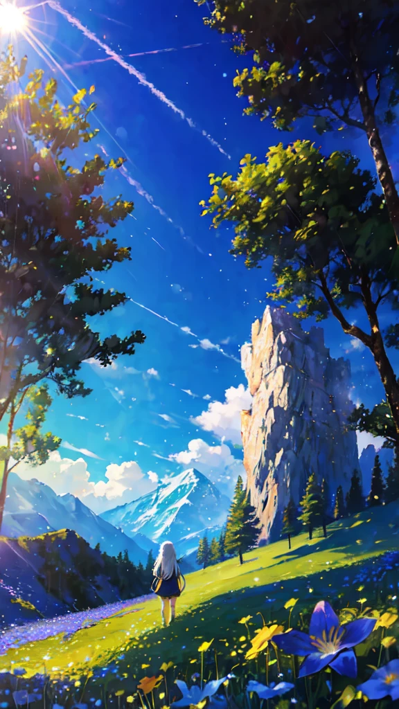"Illustrate a serene, peaceful nature scene in summer with vivid, beautiful colors in photorealistic 8K quality. Show an 18-year-old girl and a serene anime girl standing on a lush mountain, reaching towards the endless blue sky. Below them, green meadows bloom with colorful flowers, while distant peaks bask in the summer sun, inspiring peace, awe, and tranquility."