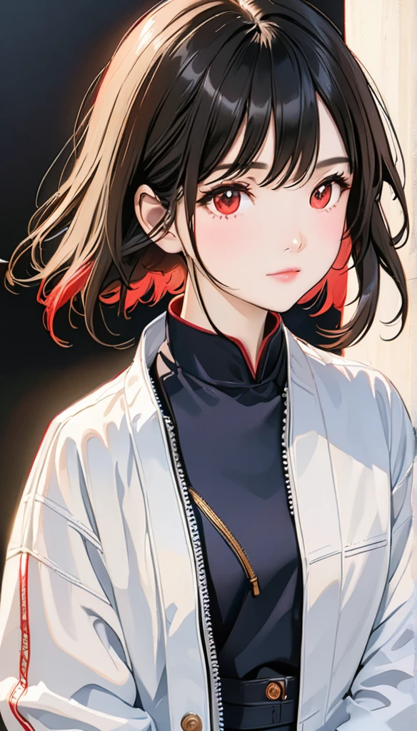 best quality, masterpiece, solo, 1girl, black hair, jacket, red eyes, black beckground, upper body, black shoes, future jacket