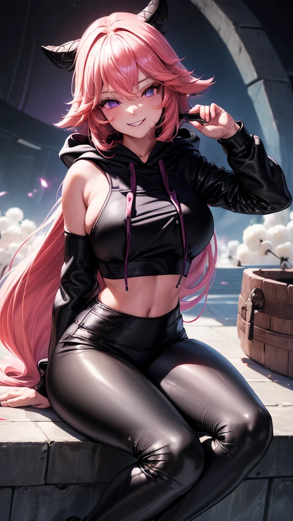 (Masterpiece, Best Quality:1.2), Solo, 1girl, Shihouin Yoruichi, Smirk, Looking at the Viewer, Tail, Realistic Eyes, Best Quality, Closed Mouth, Beautiful Lighting, Cinematic, 8K, Facial, Wet Face, Liner, Wooden Walls, Big Tits, Yellow Hoodie, Short Shorts, Wide Thighs, Yellow Eyes, Erotica