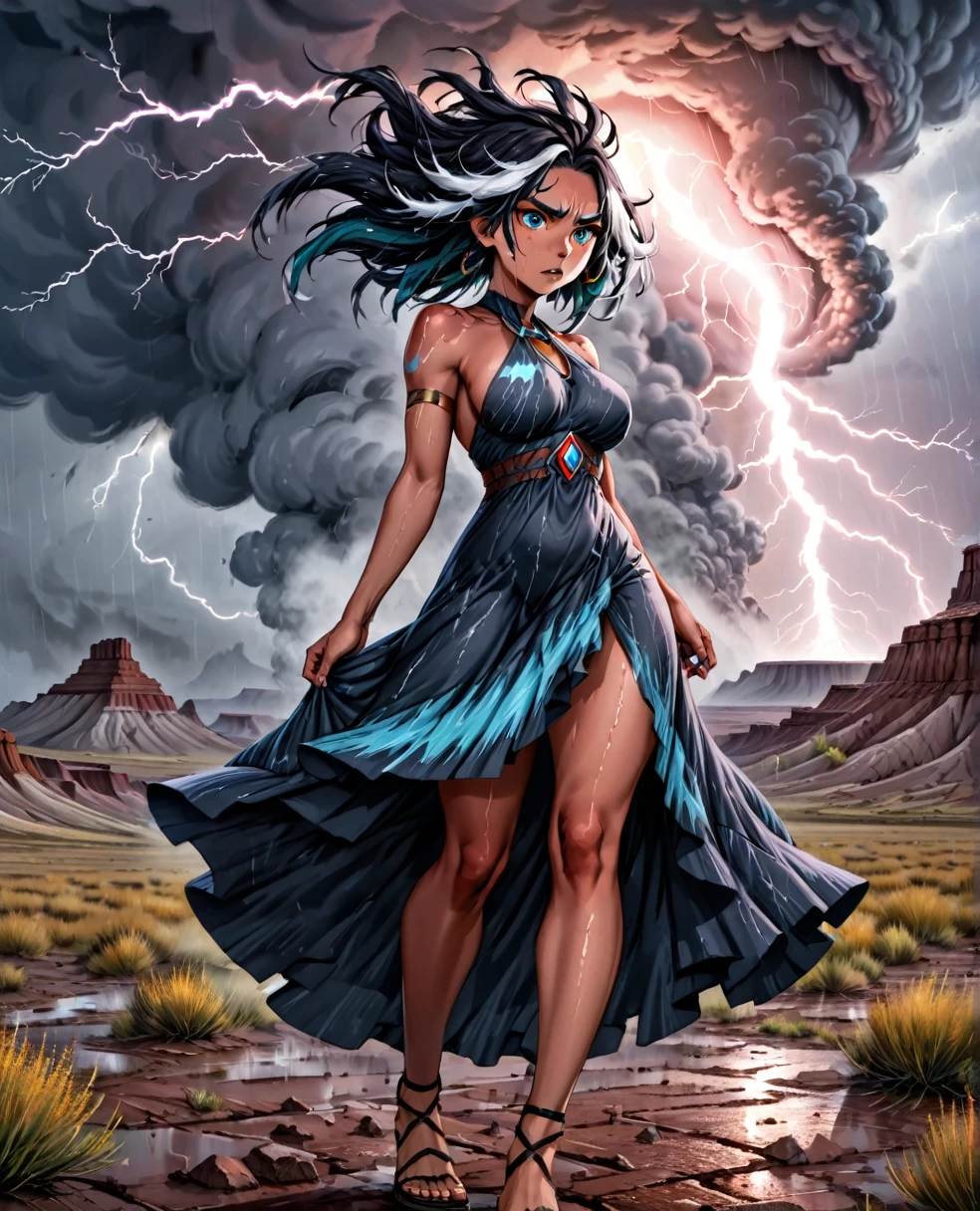 female storm spirit, perfect face, clear eyes, voluminous hair,  smoke dress, 0k3dr3ss,  martius_storm, tornado, hurricane, volcano area, lightning, 22yo, vibrant colours, visibly heavy rain, native american, badlands