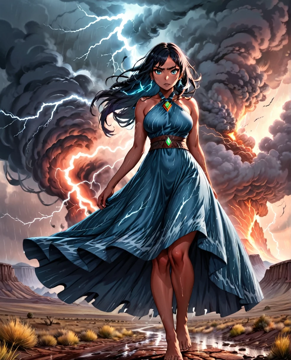 female storm spirit, perfect face, clear eyes, voluminous hair,  smoke dress, 0k3dr3ss,  martius_storm, tornado, hurricane, volcano area, lightning, 22yo, vibrant colours, visibly heavy rain, native american, badlands