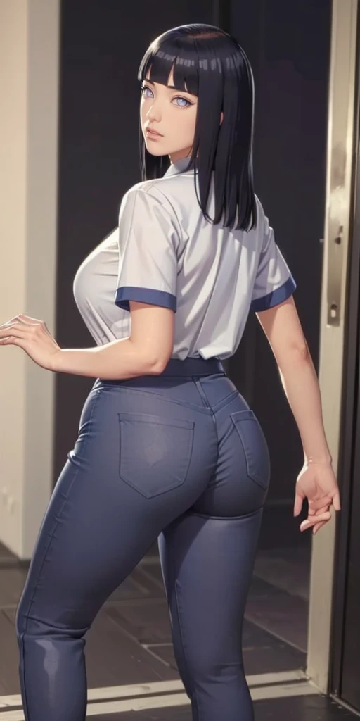 (((Perfect body,White and tender skin,(((ruanyi0533,blue pants,collared shirt,short sleeves,striped,sneakers,white shirt,))),(((hyuugahin,hyuugahin,hinata\(boruto\),hyuugahin, "black long hair", blue eyes,blunt bangs))),((masterpiece)),high resolution, ((Best quality at best)),masterpiece,quality,Best quality,((( Exquisite facial features,Looking at the audience,There is light in the eyes,blush,Happy,lol))),Bend forward,Plump buttocks,From the back))),(((Light and shadow,Huge breasts))),(((Looking at the camera,black background,)))),