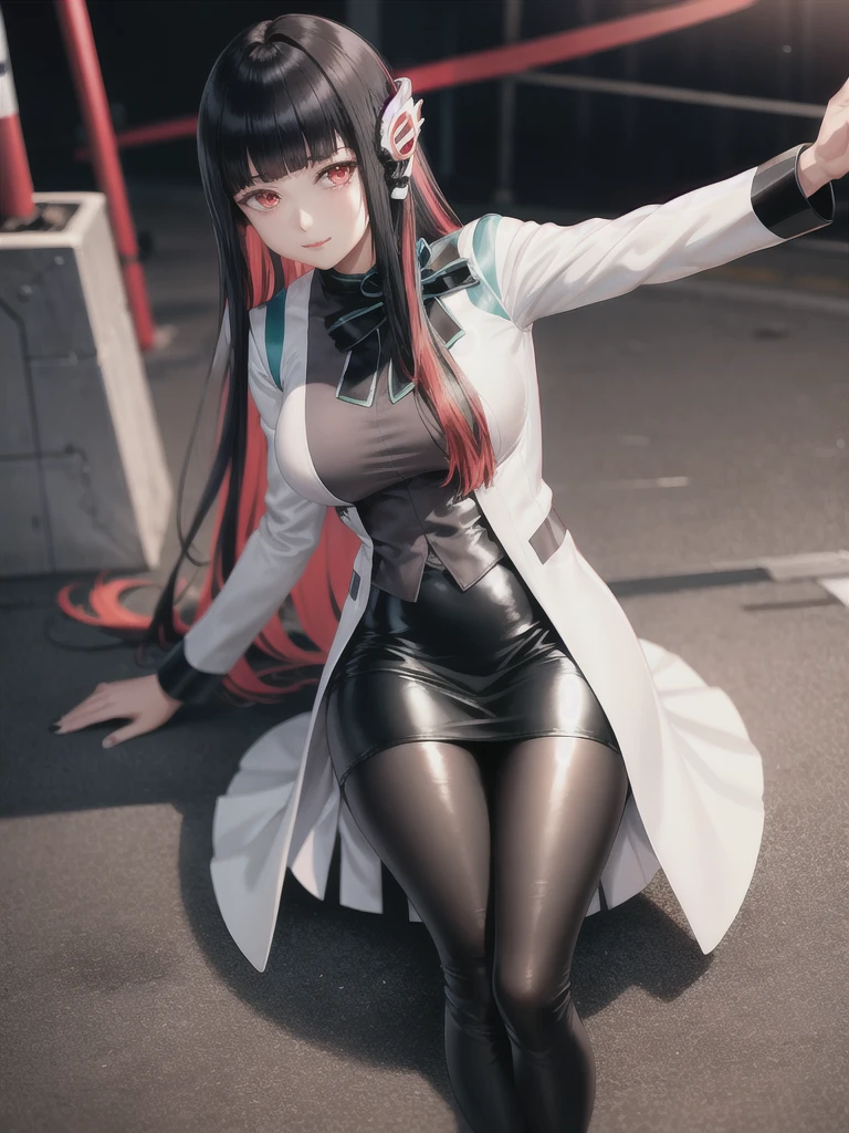 (extremely detailed CG), (best quality), 1girl, perfect face,shiny skin,narrow waist, wide hips  AzuArk,high heels, footwear,humagear_headphones,black nails,white jacket,skirt,long sleeves,red hair, red eyes, blunt bangs,pantyhose,multicolored hair,long hair,bangs,black hair, on the ground very hurt, a lot of blood coming out of her, clothes almost destroyed and half naked