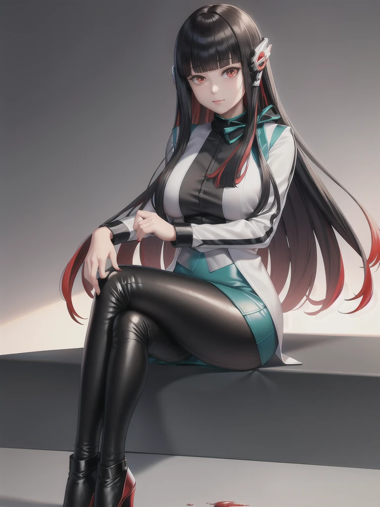 (extremely detailed CG), (best quality), 1girl, perfect face,shiny skin,narrow waist, wide hips  AzuArk,high heels, footwear,humagear_headphones,black nails,white jacket,skirt,long sleeves,red hair, red eyes, blunt bangs,pantyhose,multicolored hair,long hair,bangs,black hair, on the ground very hurt, a lot of blood coming out of her, clothes almost destroyed and half naked