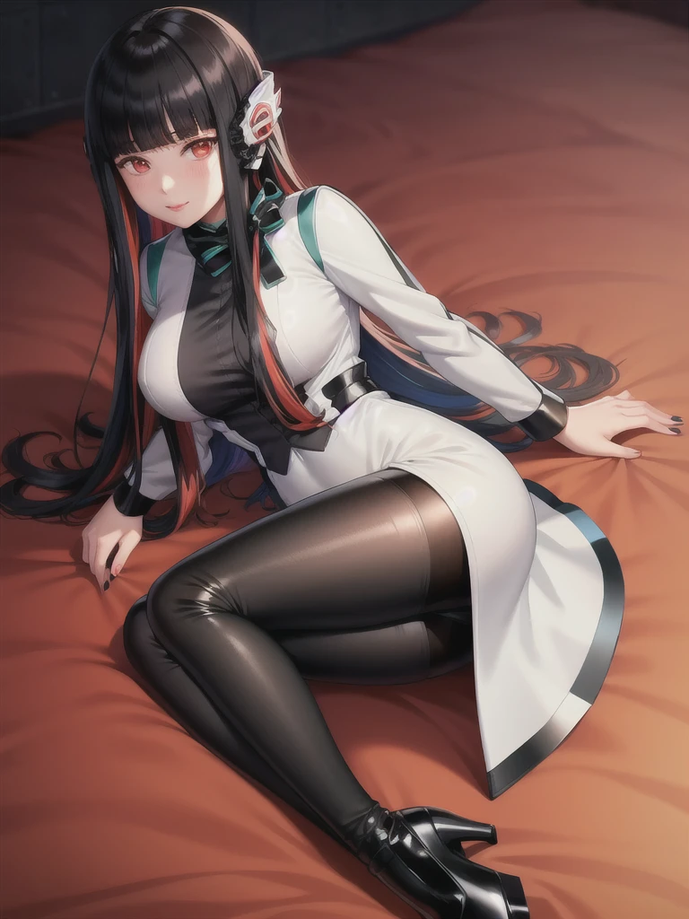 (extremely detailed CG), (best quality), 1girl, perfect face,shiny skin,narrow waist, wide hips  AzuArk,high heels, footwear,humagear_headphones,black nails,white jacket,skirt,long sleeves,red hair, red eyes, blunt bangs,pantyhose,multicolored hair,long hair,bangs,black hair, on the ground very hurt, a lot of blood coming out of her, clothes almost destroyed and half naked