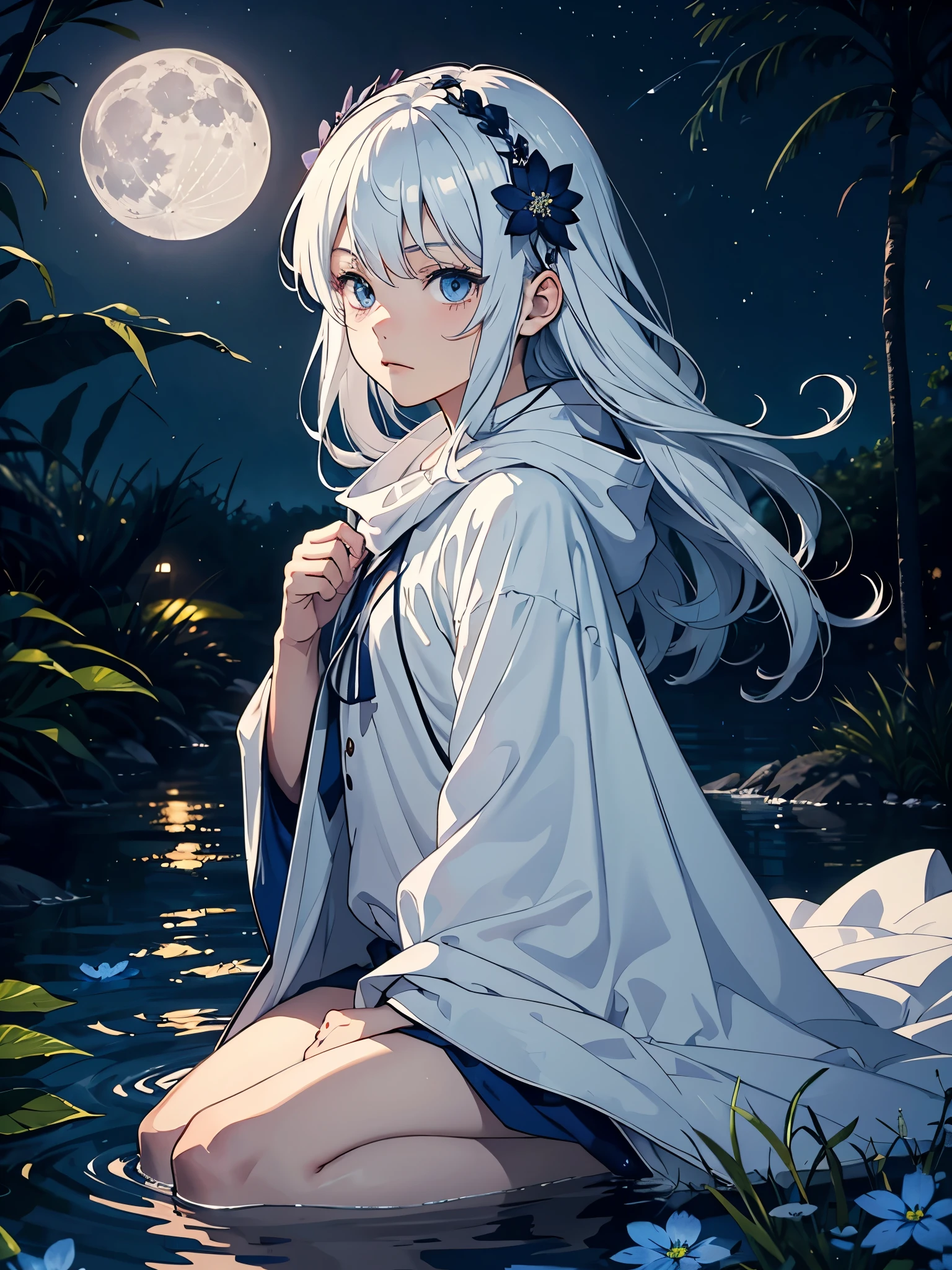 Leuchtend. Hellblau. Blaues licht. ???. cutie pie. Younger. More anime. male. Light Blue flowers. Long hair. long white hair. aquatic, boy, God of the Moon, silver hair accessories, White hair, White dress, cape, at night.