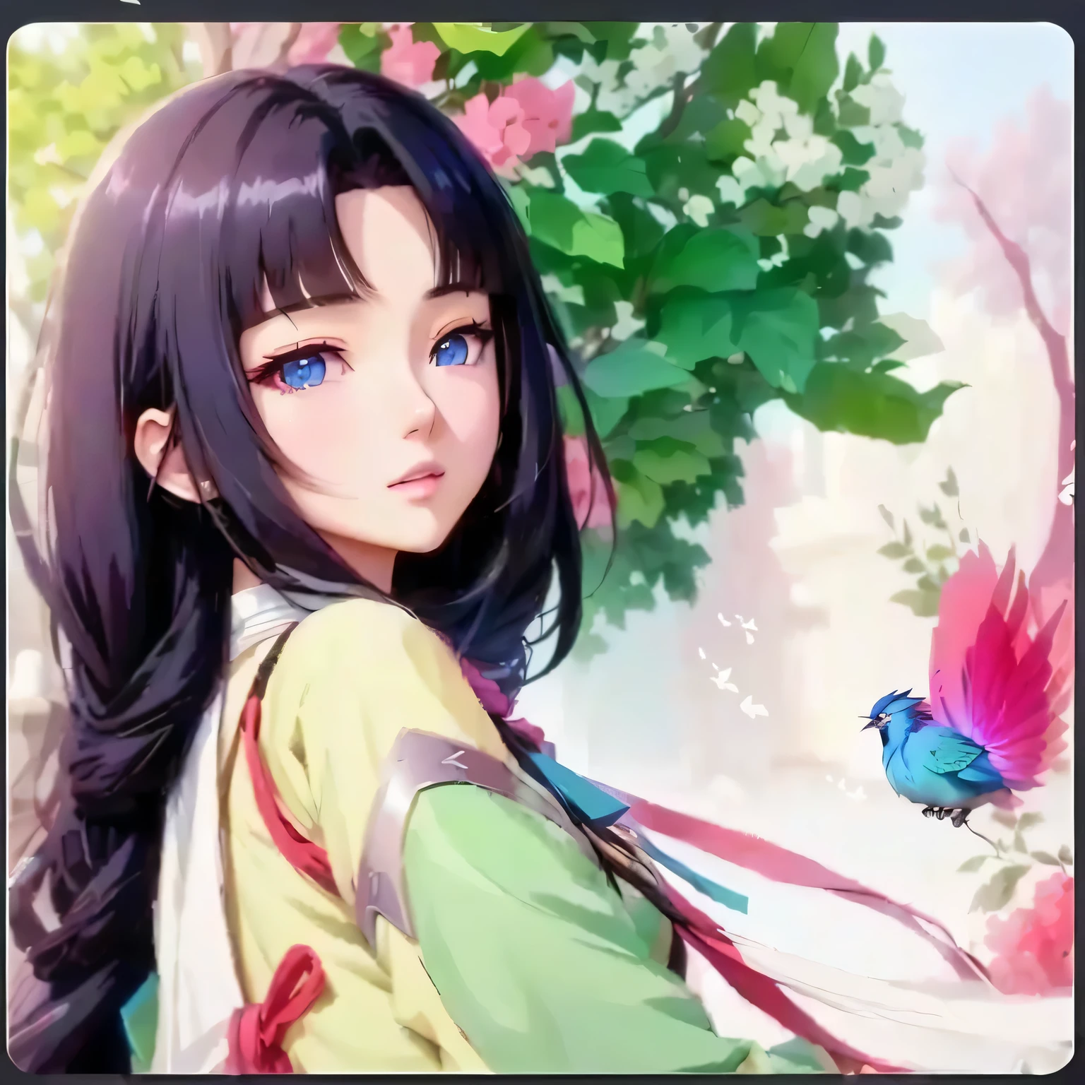 anime girl with long black hair and blue eyes holding a bird, high quality anime artstyle, beautiful anime style, anime artstyle, anime style. 8k, made with anime painter studio, anime picture, young anime girl, realistic anime 3 d style, beautiful anime girl, palace ， a girl in hanfu, anime styled 3d, inspired by Du Qiong