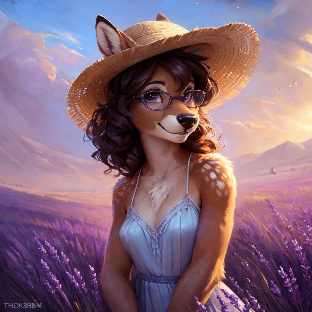 uploaded on e621, by Pixelsketcher, by Bayard Wu, by Thomas Benjamin Kennington , by Einshelm, by hioshiru and kenket, Chunie, portrait, solo anthro female deer doe, with small featureless breasts, clear dark blue, cinematic lighting, day, sunny day, lavender field, stays in a lavender field, lavender field background, mediterranean background, horizon background, shiny, short curly dark brown hair, wears big black nerd glasses, very very beautiful furry art, furry art, smiling, joyful, shiny, happy, feminine, cute face, muzzle, fluffy chest, flawless face, Fallow deer, 1girl, Sakimichan is beautiful, Masterpiece, Wavethesallow Face, shiny, Detailed image, portrait, Detailed image, portrait, full body, wearing pure white and wide spaghetti straps dress, wearing big and wide beige summer straw hat, shiny, realistic face, perfect anatomy, hourglass body, (furry body:1.1), anthropomorphic deer, looks at the viewer, small fluffy tail, detailed background, (cute anatomy:1.1), stands in a lavender field
