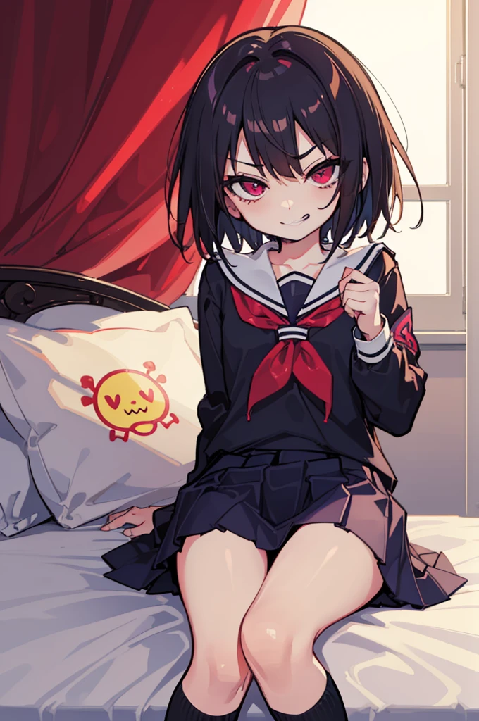 (Ideal:1.1), (perfect:1.1), (flawless:1.1), (highest quality:1.2), (best quality:1.2), (on bed:1.1), 1girl, (evil smirk:1.1), (scary smirk:1.1), sharp smirk, (loli:1.2), (child:1.1), (school uniform:1.1), detailed body, sexy thighs, small breasts, short hair, crimson eyes, high quality eyes, 4K, highest quality resolution, best quality resolution, best quality upscale,