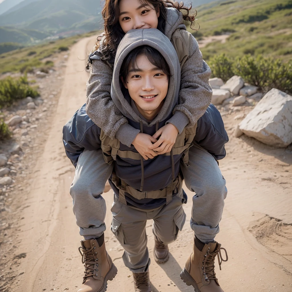 photo taken from above, full body, photography, realistic, an korean man (( oval and clean face, thin body, wearing a hoodie jacket, cargo pants, brown boots)), carrying on his back a beautiful korean woman, both smiling faintly, looking at the viewer, on an uphill climbing route with dirt and small rocks, on the right and