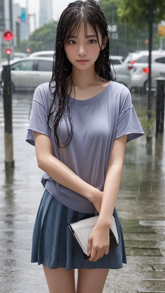 Natural image quality,１People Girls,Japanese,20-year-old,Beauty,Beautiful face,Cute face,Crying face,Sad expression,Frustrated expression,tears,Short-sleeved summer clothes,skirt,(Disheveled Hair),(Wet Hair),(Wet body),(Wet clothes),(Wet Face),The whole body is wet from rain,(Rainy cityscape)