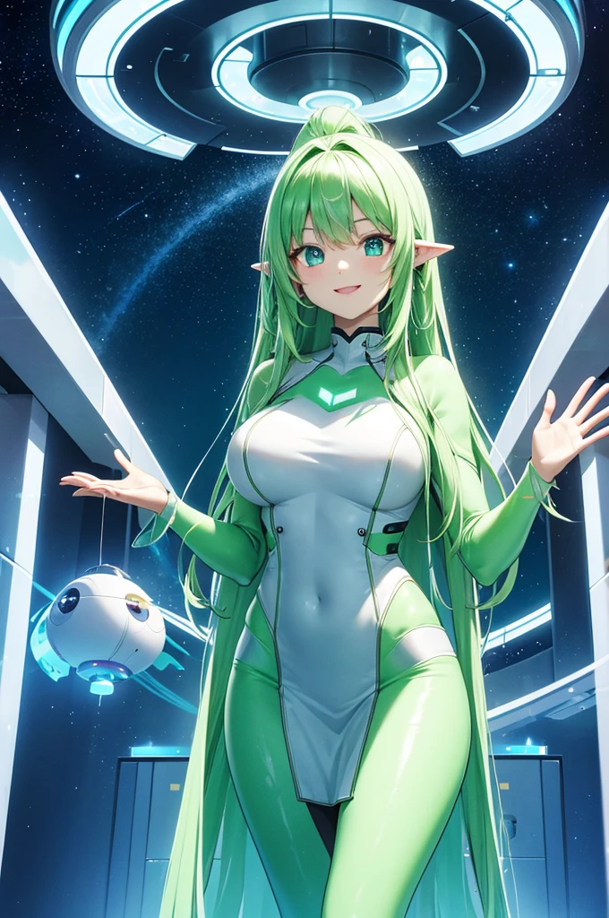 Teleportation: Swirling light, warp, doorway to another dimension
Spaceship: Futuristic design, high-tech gadgets, zero gravity
Aliens: Green skin, large eyes, friendly demeanor, different culture
Welcome: Arms open wide, smiles, warm atmosphere, waving flags
