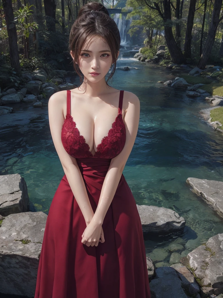 body、Japanese women、Thin arms、very Narrow waist、Narrow waist、((Very large breasts:1.4))、Hanging big chest hair、ponytail、Beautiful Eyes、Natural Skin、Ultra Fine Face、Five perfect fingers, Optimal ratio、Ultra-realistic、((Shiny Dress、Perfect fit to your body line、A dress with a wide open chest)) , Pieces fly, Super detailed, high quality, 最high quality, High resolution、cheeks are bright red、very wet body