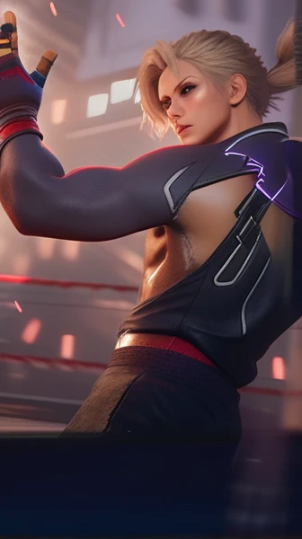 fighting game style masterpiece,best quality, ultra realistic,32k,RAW photo,detail skin, 8k uhd, dslr,high quality, film grain,\nShort and messy hair . dynamic, vibrant, action-packed, detailed character design, reminiscent of fighting video games,view side.
