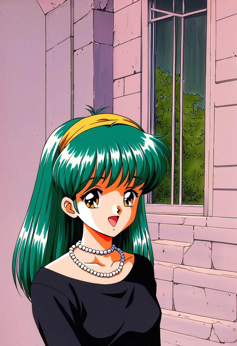 Kokura Masashi Style,
Fujisaki Shiori,One girl,retro artstyle,alone,1990s (style),hair band,Outdoor,Emerald colored hair,Open your mouth,Yellow Eyes,window,leaf,Upper Body,Black Dress,Pearl Necklace,View your viewers,Traditional Media,Bridal Veil,Long Hair，