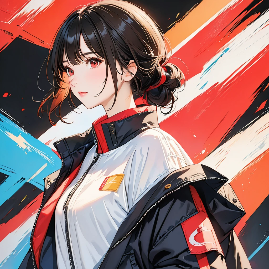 best quality, masterpiece, solo, 1girl, black hair, jacket, red eyes, black beckground, upper body, black shoes, future jacket