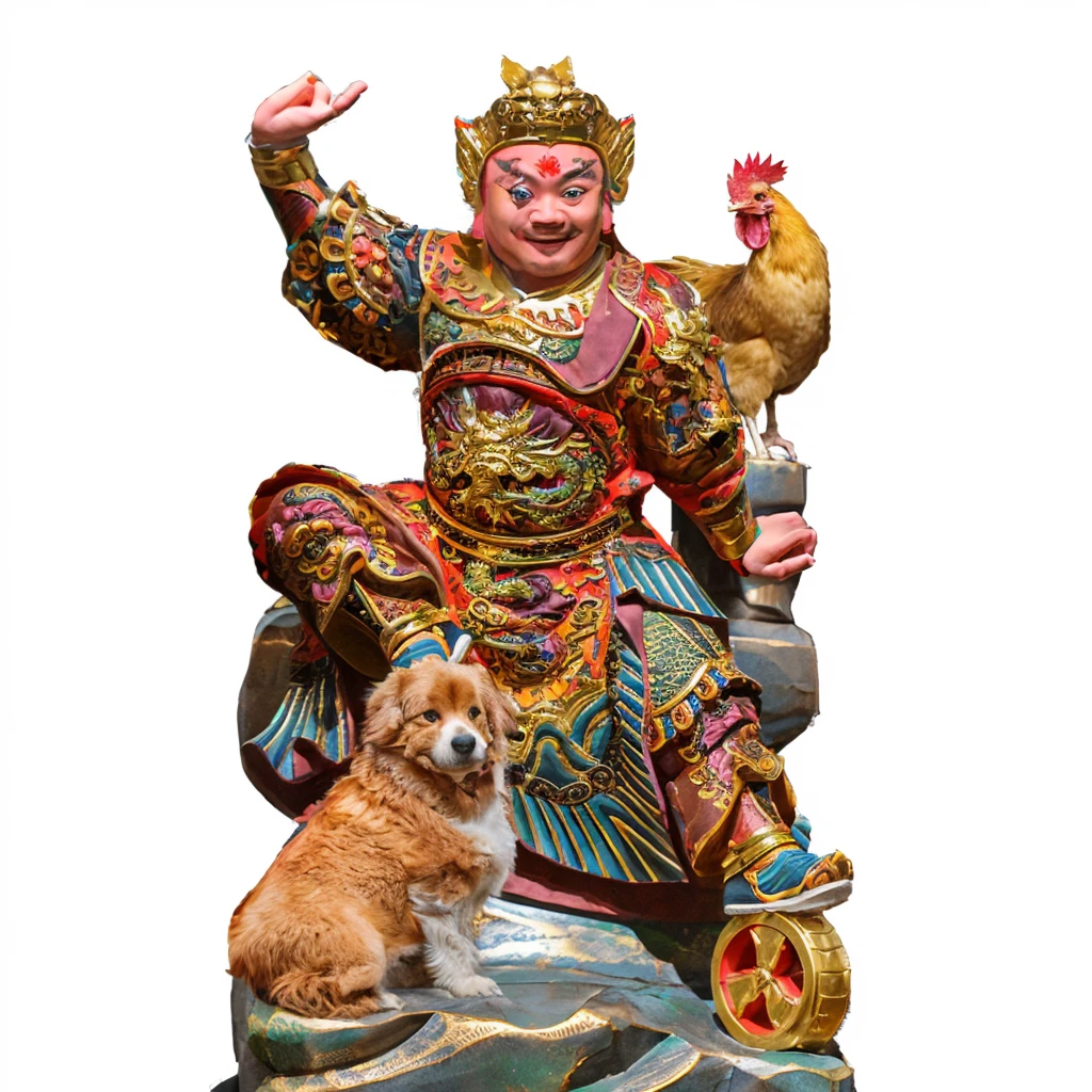 a young chinese man wearing dragon robe and armour. a dog, a rooster, chinese mythology, stepping a golden wheel, no hair, smilling