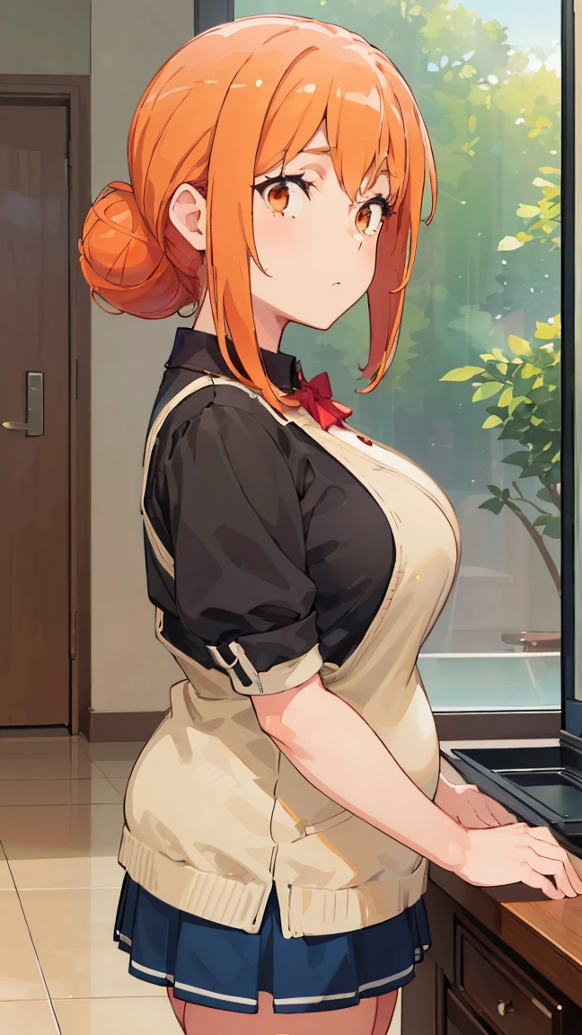 (Highest quality, 8K, masterpiece :1.3),Mrs. Yuigahama,ガハMom, As I expected, my youth romantic comedy is wrong。, One woman,Bun Hair,30 years old,Mom,Orange Hair,nsfw,Plump body,