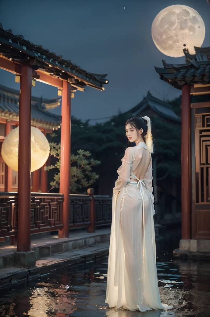 (((best quality))),(((ultra detailed))),(((masterpiece))),illustration,((1 beautiful girl,solo)),(short ponytail:1.2),((bright eyes,gentle smile)),((slim,thin)),((bare back,towering hips,butt crack)),(white see through sheer Hanfu:1.3),flowing fabric,serene demeanor,vibrant plants and trees,(Chinese-style architecture:1.3),tile roofs,intricate wooden carvings,rich and vivid colors,(serene glow of the moon:1.5),(((colorful clouds))),traditional Chinese garment,(((summer night,village courtyard))),((standing)),((from back,upper body))