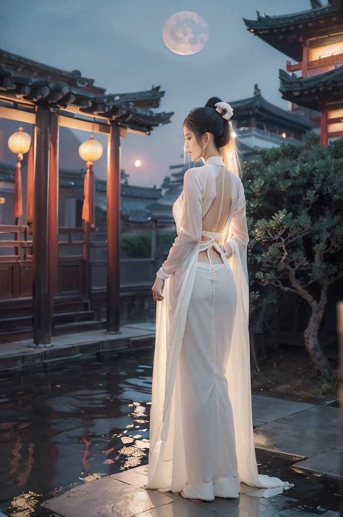 (((best quality))),(((ultra detailed))),(((masterpiece))),illustration,((1 beautiful girl,solo)),(short ponytail:1.2),((bright eyes,gentle smile)),((slim,thin)),((bare back,towering hips,butt crack)),(white see through sheer Hanfu:1.3),flowing fabric,serene demeanor,vibrant plants and trees,(Chinese-style architecture:1.3),tile roofs,intricate wooden carvings,rich and vivid colors,(serene glow of the moon:1.5),(((colorful clouds))),traditional Chinese garment,(((summer night,village courtyard))),((standing)),((from back,upper body))