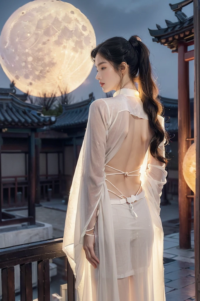 (((best quality))),(((ultra detailed))),(((masterpiece))),illustration,((1 beautiful girl,solo)),(short ponytail:1.2),((bright eyes,gentle smile)),((slim,thin)),((bare back,towering hips,butt crack)),(white see through sheer Hanfu:1.3),flowing fabric,serene demeanor,vibrant plants and trees,(Chinese-style architecture:1.3),tile roofs,intricate wooden carvings,rich and vivid colors,(serene glow of the moon:1.5),(((colorful clouds))),traditional Chinese garment,(((summer night,village courtyard))),((standing)),((from back,upper body))