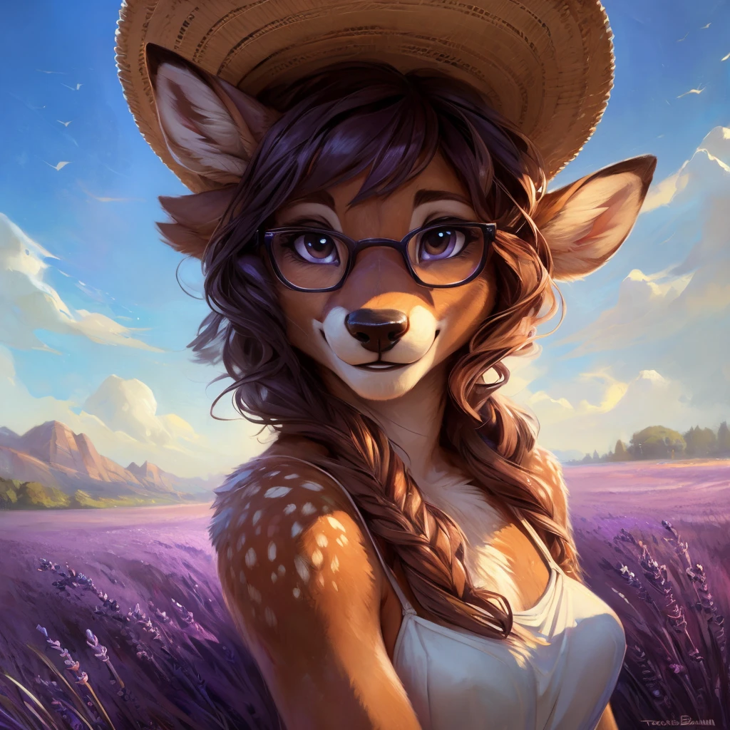 uploaded on e621, by Pixelsketcher, by Bayard Wu, by Thomas Benjamin Kennington , by Einshelm, by hioshiru and kenket, Chunie, portrait, solo anthro female deer doe, with small featureless breasts, clear dark blue, cinematic lighting, day, sunny day, lavender field, stays in a lavender field, lavender field background, mediterranean background, horizon background, shiny, short curly dark brown hair, wears big black nerd glasses, very very beautiful furry art, furry art, smiling, joyful, shiny, happy, feminine, cute face, muzzle, fluffy chest, flawless face, Fallow deer, 1girl, Sakimichan is beautiful, Masterpiece, Wavethesallow Face, shiny, Detailed image, portrait, Detailed image, portrait, full body, wearing pure white and wide spaghetti straps dress, wearing big and wide beige summer straw hat, shiny, realistic face, perfect anatomy, hourglass body, (furry body:1.1), anthropomorphic deer, looks at the viewer, small fluffy tail, detailed background, (cute anatomy:1.1), stands in a lavender field
