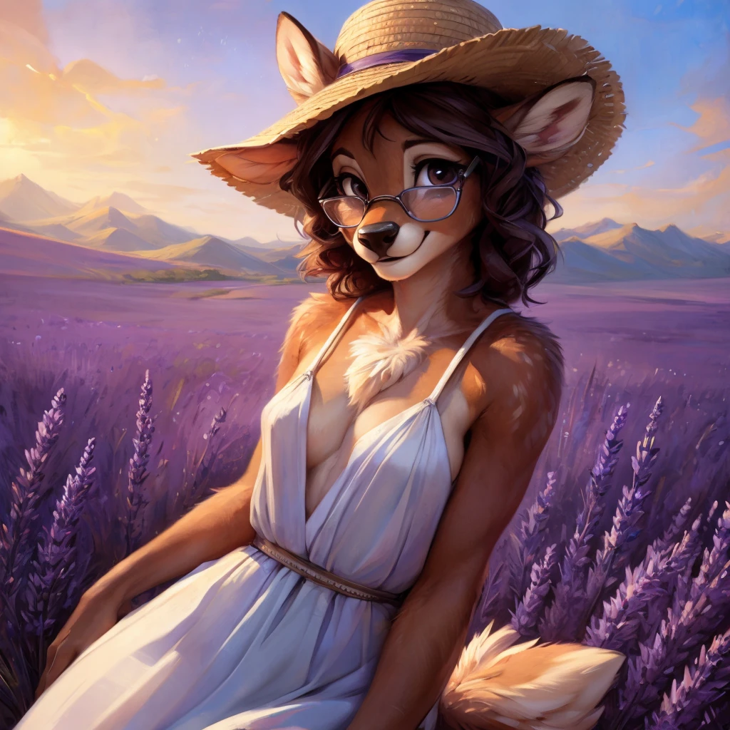 uploaded on e621, by Pixelsketcher, by Bayard Wu, by Thomas Benjamin Kennington , by Einshelm, by hioshiru and kenket, Chunie, portrait, solo anthro female deer doe, with small featureless breasts, clear dark blue, cinematic lighting, day, sunny day, lavender field, stays in a lavender field, lavender field background, mediterranean background, horizon background, shiny, short curly dark brown hair, wears big black nerd glasses, very very beautiful furry art, furry art, smiling, joyful, shiny, happy, feminine, cute face, muzzle, fluffy chest, flawless face, Fallow deer, 1girl, Sakimichan is beautiful, Masterpiece, Wavethesallow Face, shiny, Detailed image, portrait, Detailed image, portrait, full body, wearing pure white and wide spaghetti straps dress, wearing big and wide beige summer straw hat, shiny, realistic face, perfect ???????, hourglass body, (furry body:1.1), anthropomorphic deer, looks at the viewer, small fluffy tail, detailed background, (cute anatomy:1.1), stands in a lavender field