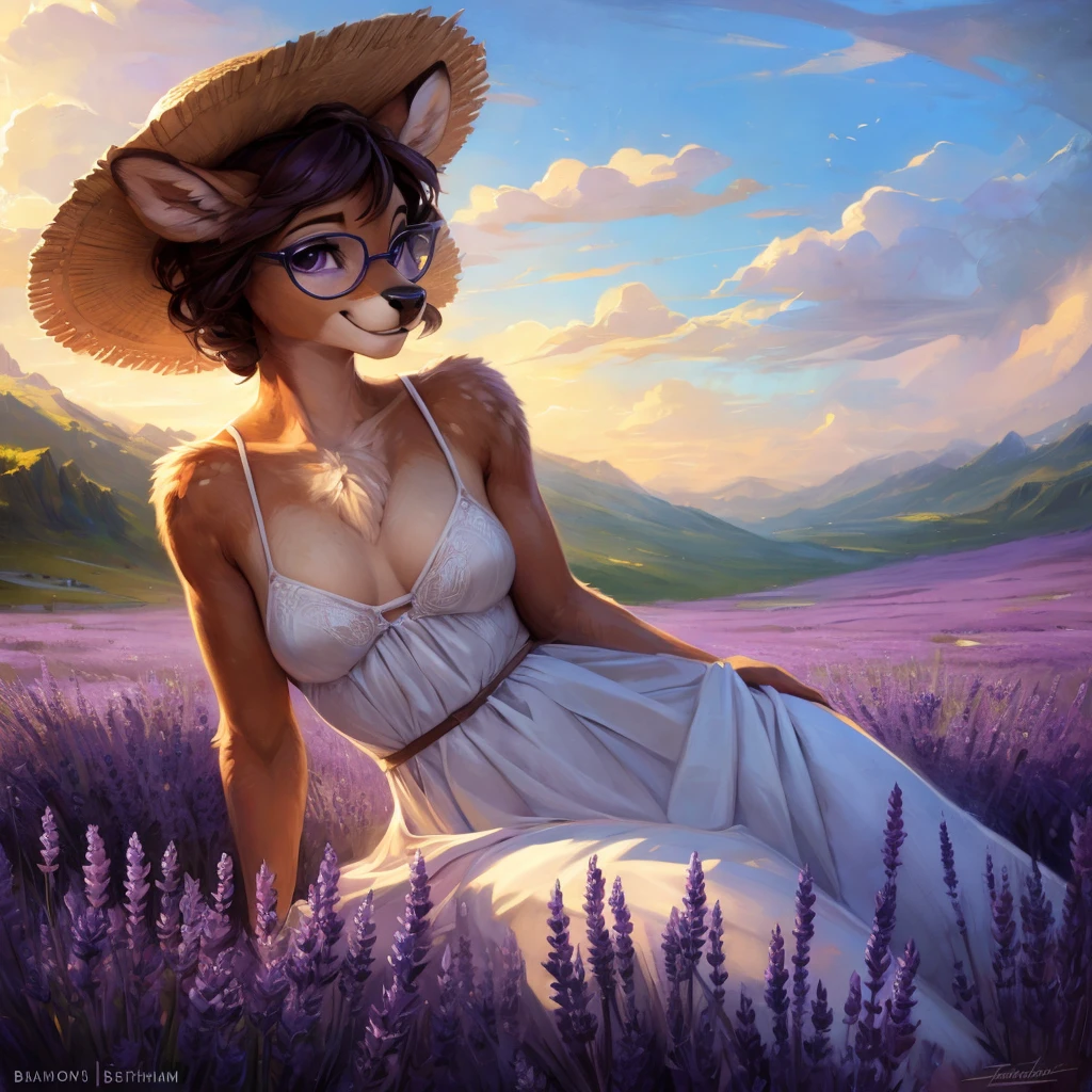 uploaded on e621, by Pixelsketcher, by Bayard Wu, by Thomas Benjamin Kennington , by Einshelm, by hioshiru and kenket, Chunie, portrait, solo anthro female deer doe, with small featureless breasts, clear dark blue, cinematic lighting, day, sunny day, lavender field, stays in a lavender field, lavender field background, mediterranean background, horizon background, shiny, short curly dark brown hair, wears big black nerd glasses, very very beautiful furry art, furry art, smiling, joyful, shiny, happy, feminine, cute face, muzzle, fluffy chest, flawless face, Fallow deer, 1girl, Sakimichan is beautiful, Masterpiece, Wavethesallow Face, shiny, Detailed image, portrait, Detailed image, portrait, full body, wearing pure white and wide spaghetti straps dress, wearing big and wide beige summer straw hat, shiny, realistic face, perfect anatomy, hourglass body, (furry body:1.1), anthropomorphic deer, looks at the viewer, small fluffy tail, detailed background, (cute anatomy:1.1), stands in a lavender field