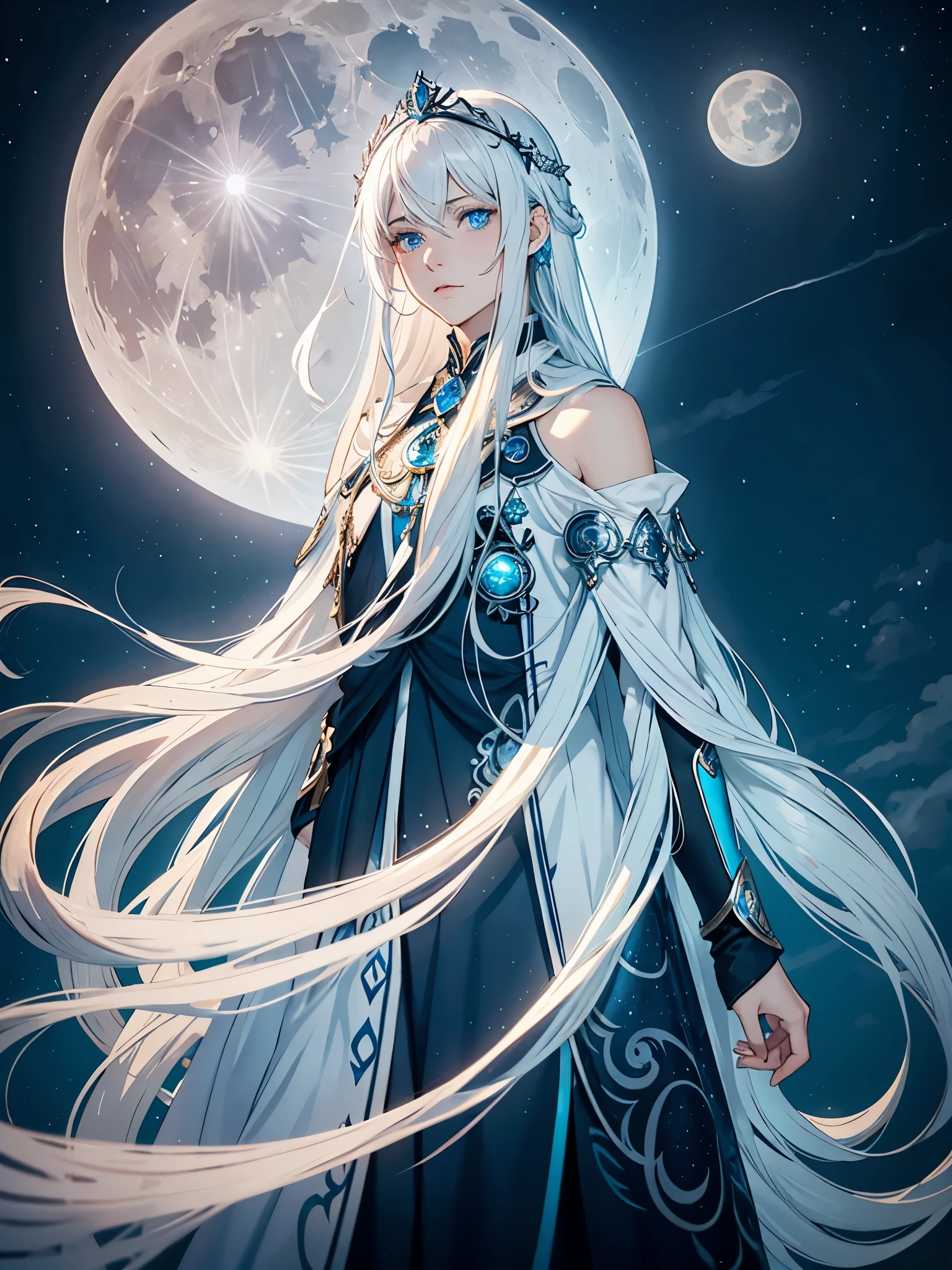 Blue light. Göttlich. Mystisch. Long hair. long white hair. aquatic, boy, Goddess of the Moon, silver hair accessories, White hair, White dress, cape, at night, saturated colors, light eyes, bright, light blue light, blue eyes, Jewelry silver, bluish light, Full moon in the background, aquatic in der Luft rosa kerzen
