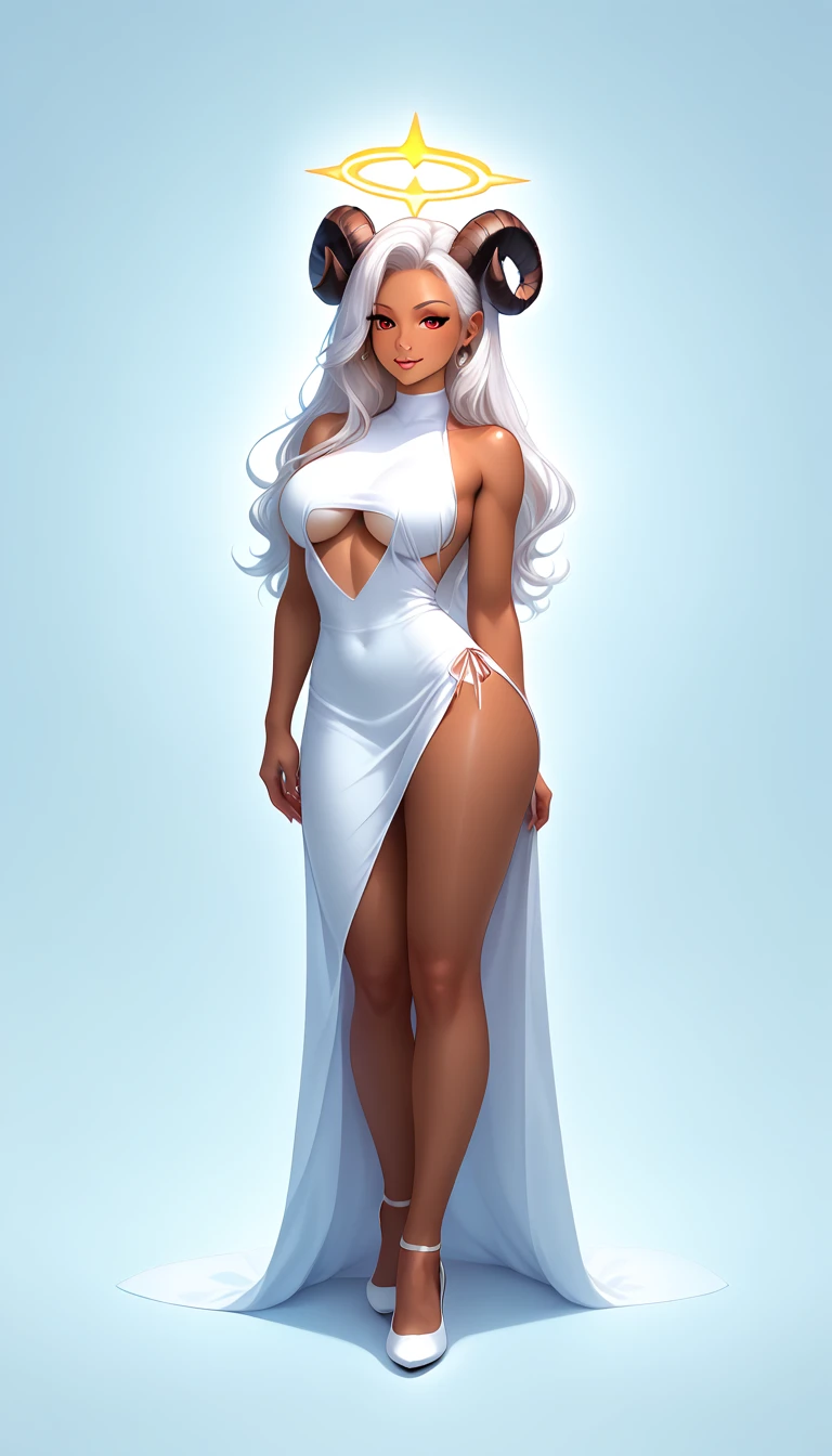 score_9, score_8_up, score_7_up, 1girl, solo, full body, (fox:1.2),
(long wavy white hair), glowing red eyes, (ram horns:1.2), angel halo, (fox ears, fox tail), tanned skin, sideboob, underboob, warm dress.