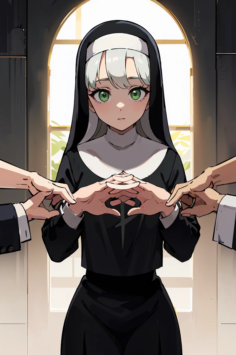 masterpiece, best quality, highly detailed background, perfect lighting, best quality, (extremely detailed face), volumetric lighting, intricate details, shadow, tonemapping, sharp focus, hyper detailed, trending on Artstation, (solo) ((Looking at the viewer)) (White hair) ((thin)) ((friendly face)) ((green eyes)) ((nun)) ((dressed as a nun)) ((nun's long skirt)) ((delicate hands)) ((thin and fine figure)) ((elegant))