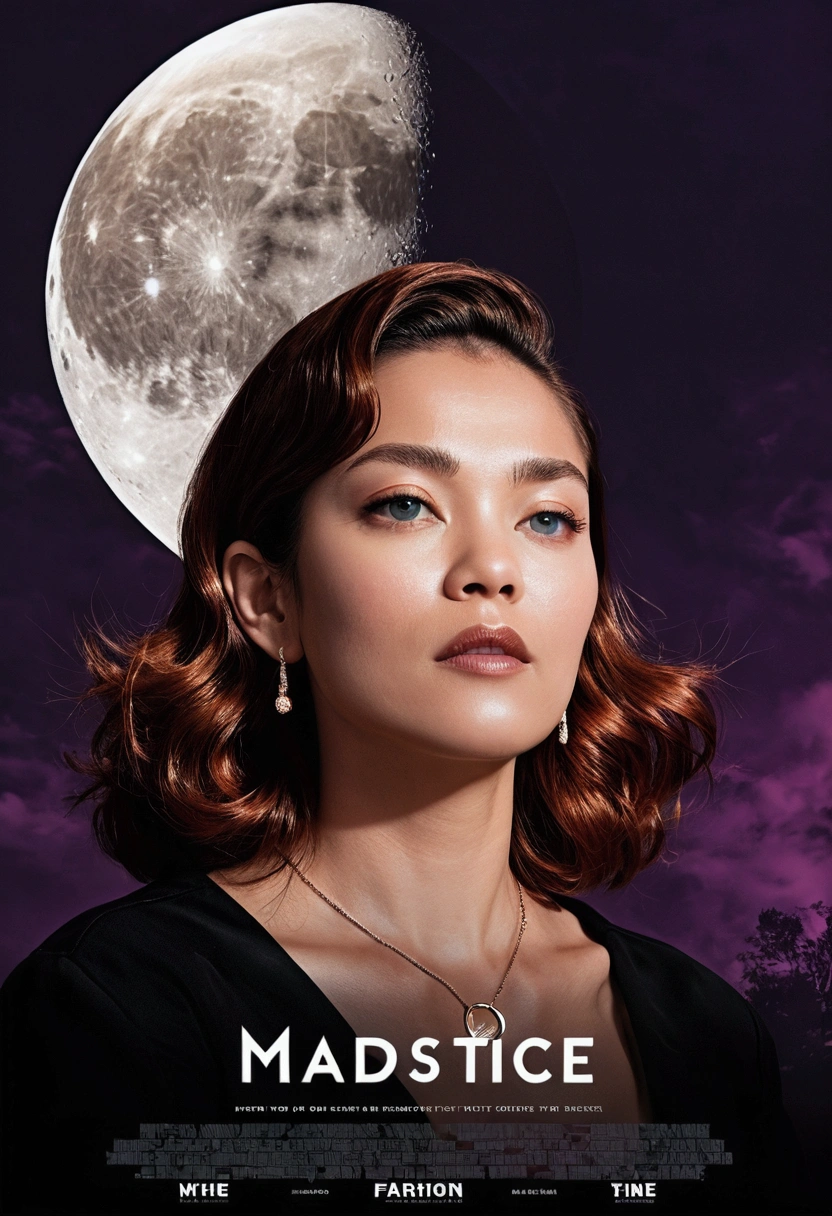 (((((moon in background))))),((((Dramatic))), (((gritty))), (((Formidable))) Movie poster featuring a young woman as the main character. She stands confidently in the center of the poster,moon in background, Wear stylish and edgy outfits, with a determined look on her face. The background is dark and grainy, with a sense of danger and intensity. Bold, attention-grabbing text, With a catchy tagline that adds to the overall sense of drama and excitement. Color palette with mainly dark colors sprinkled with bright colors, giving the poster a dynamic and visually striking appearance,Tachi-e (magazine:1.3), (cover-style:1.3), Fashionable, Woman, Vibrant, outfit, Posing, front, Colorful, Dynamic, Background, element in, which are full of confidence, expression, Holding, statement, accessory, An majestic, coiled, Around, Touch, Scene, Text, cover, Bold, captures the attention, titles, Stylish, Font, Catchy, headline, Larger, striking, Modern, Trendy, Focus, Fashion,