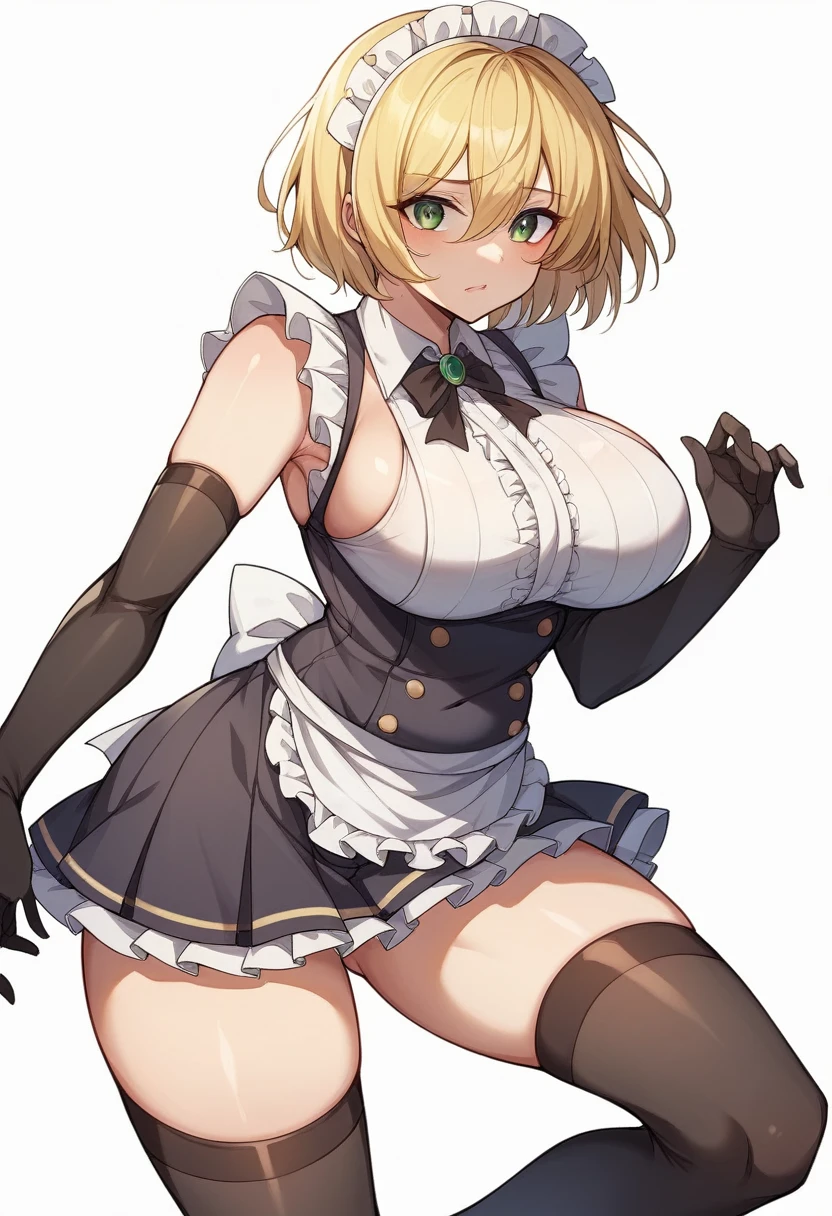 (One girl)、(bob cut)、((Blonde))、（Sato Air）、slan eyes、（boyish）、cute、(Big super breasts)、[Chubby]、Maid clothes、No sleeve、mini skirt、White sleeveless、thigh-high socks thighhighs、(long gloves)、hairs between eyes、flipped hair、(coarse hair)、green eye、((say))、arm behind back、White Background、