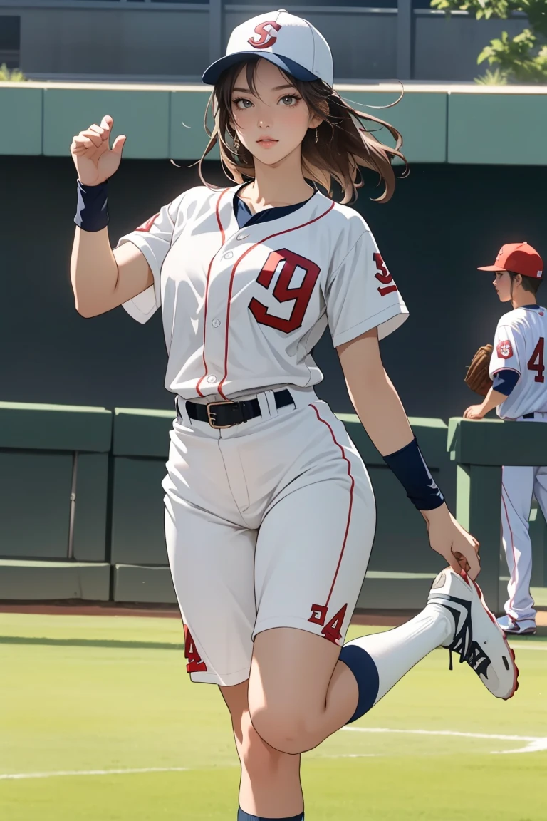 ((Masterpiece, top quality, high resolution)), ((highly detailed CG unified 8K wallpaper)), (huge stunning goddess shot, very hot and sexy, jaw-dropping beauty, perfect proportions, beautiful body, slim body beauty:1.3), female baseball player throwing a ball on a field, female baseball player, Detailed faces and hands, dynamic pictures, baseball action, full body shots, wide hips, one leg with a large step out,