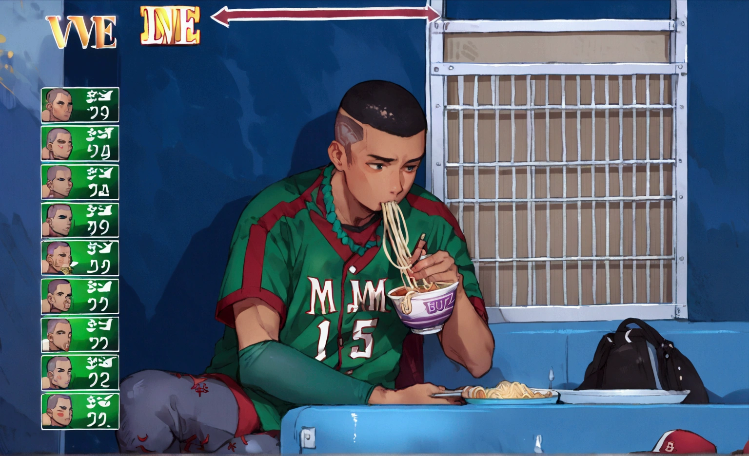 1boy, sportswear, baseball bat, baseball, baseball uniform, solo, short hair, holding, sitting, male focus, food, eating, chopsticks, very short hair, noodles, ramen, buzz cut