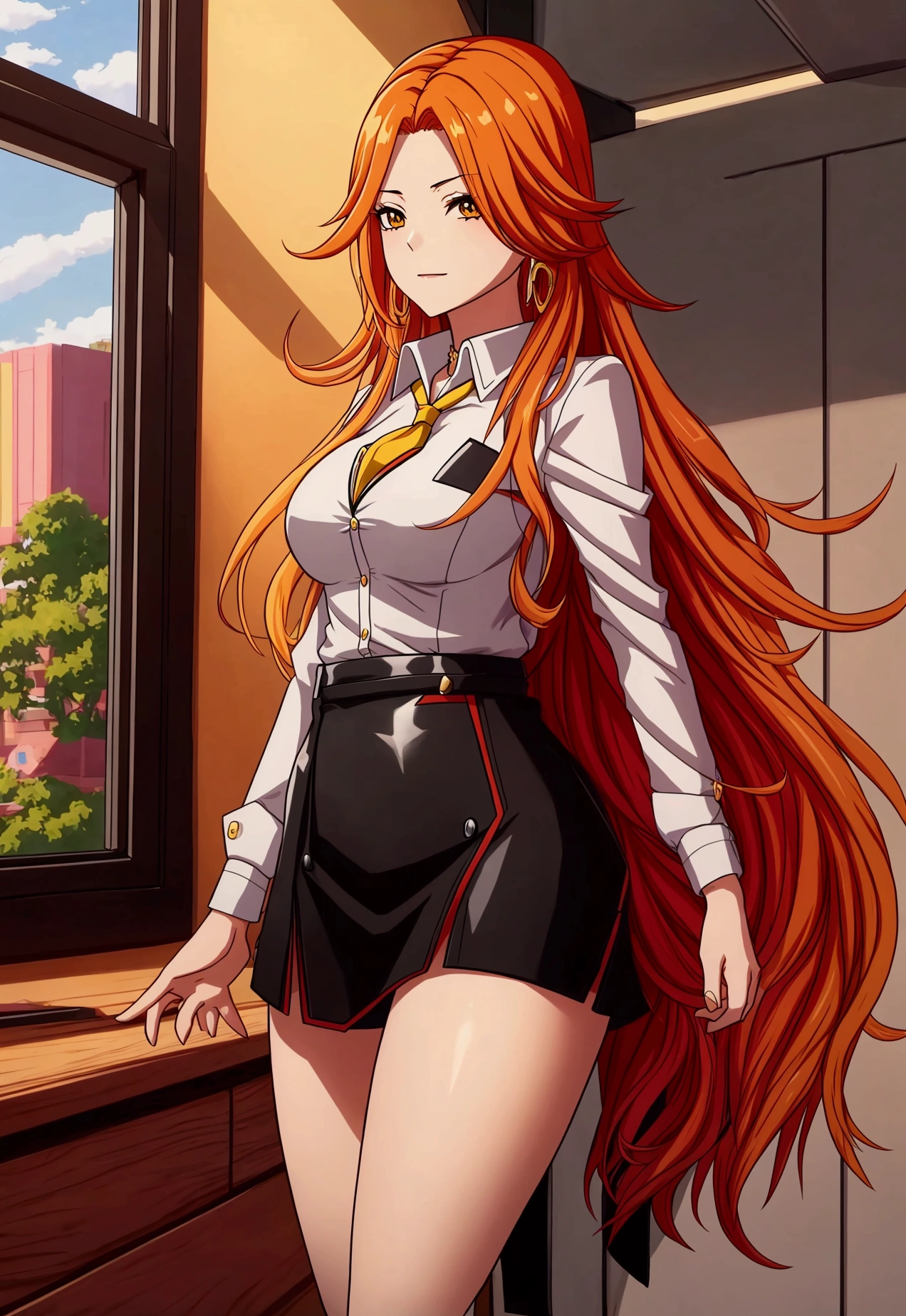 ol professional woman,28 years old,long hair anime girl, She has long orange-yellow hair.,Red and yellow hair,Attractive anime girl,White shirt,White shirt,Black hip skirt,business attire,office,city building,现代office,Very long hair,Large Breasts,Keep files,Exciting appearance,Front view,First Perspective,high quality,16K,Exciting appearance,very clearly,Exquisite mature facial,Royal sister,Alone,Standing front,Hands hanging down,High heel,whole body