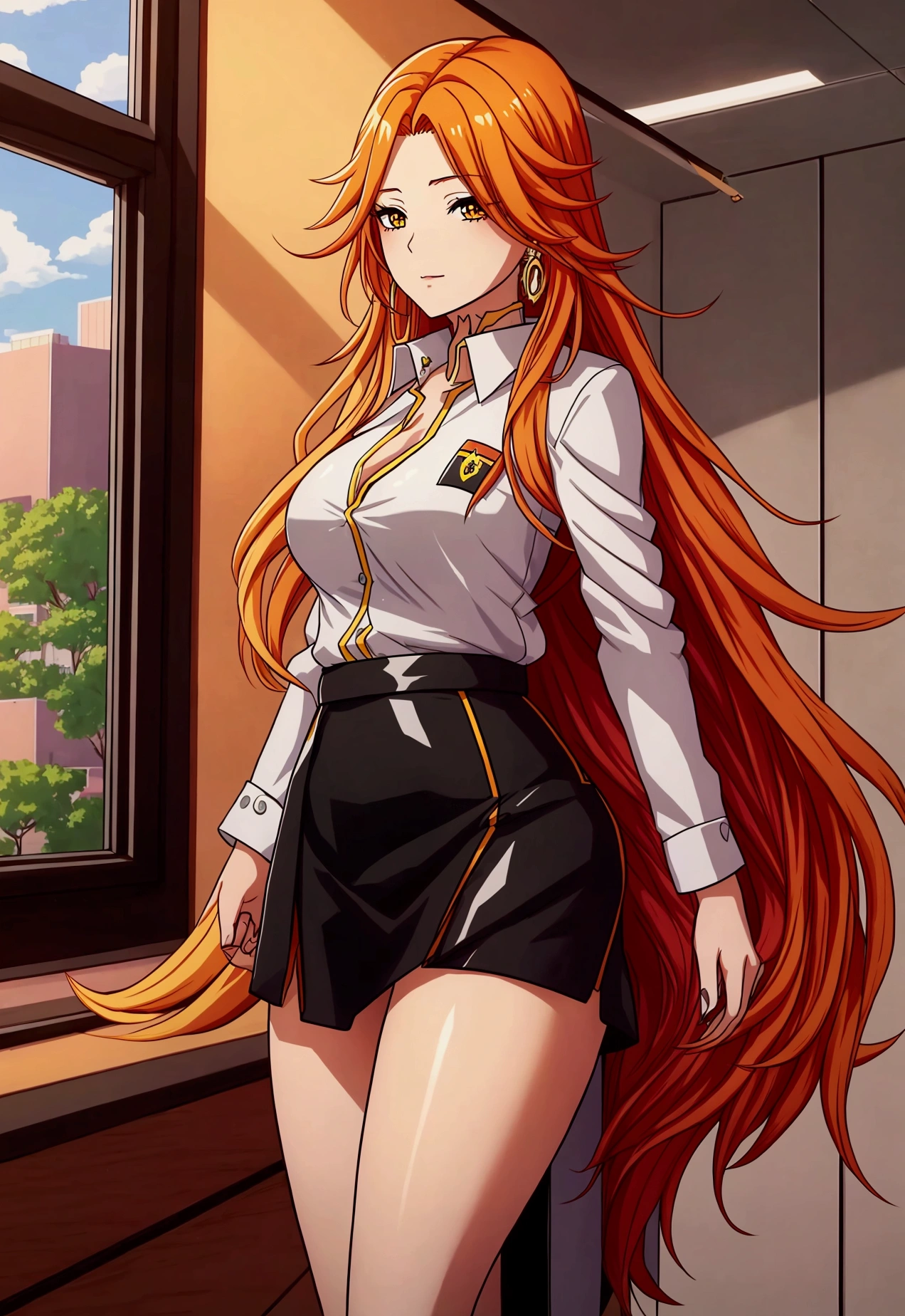 ol professional woman,28 years old,long hair anime girl, She has long orange-yellow hair.,Red and yellow hair,Attractive anime girl,White shirt,White shirt,Black hip skirt,business attire,office,city building,现代office,Very long hair,Large Breasts,Keep files,Exciting appearance,Front view,First Perspective,high quality,16K,Exciting appearance,very clearly,Exquisite mature facial,Royal sister,Alone,Standing front,Hands hanging down,High heel,whole body
