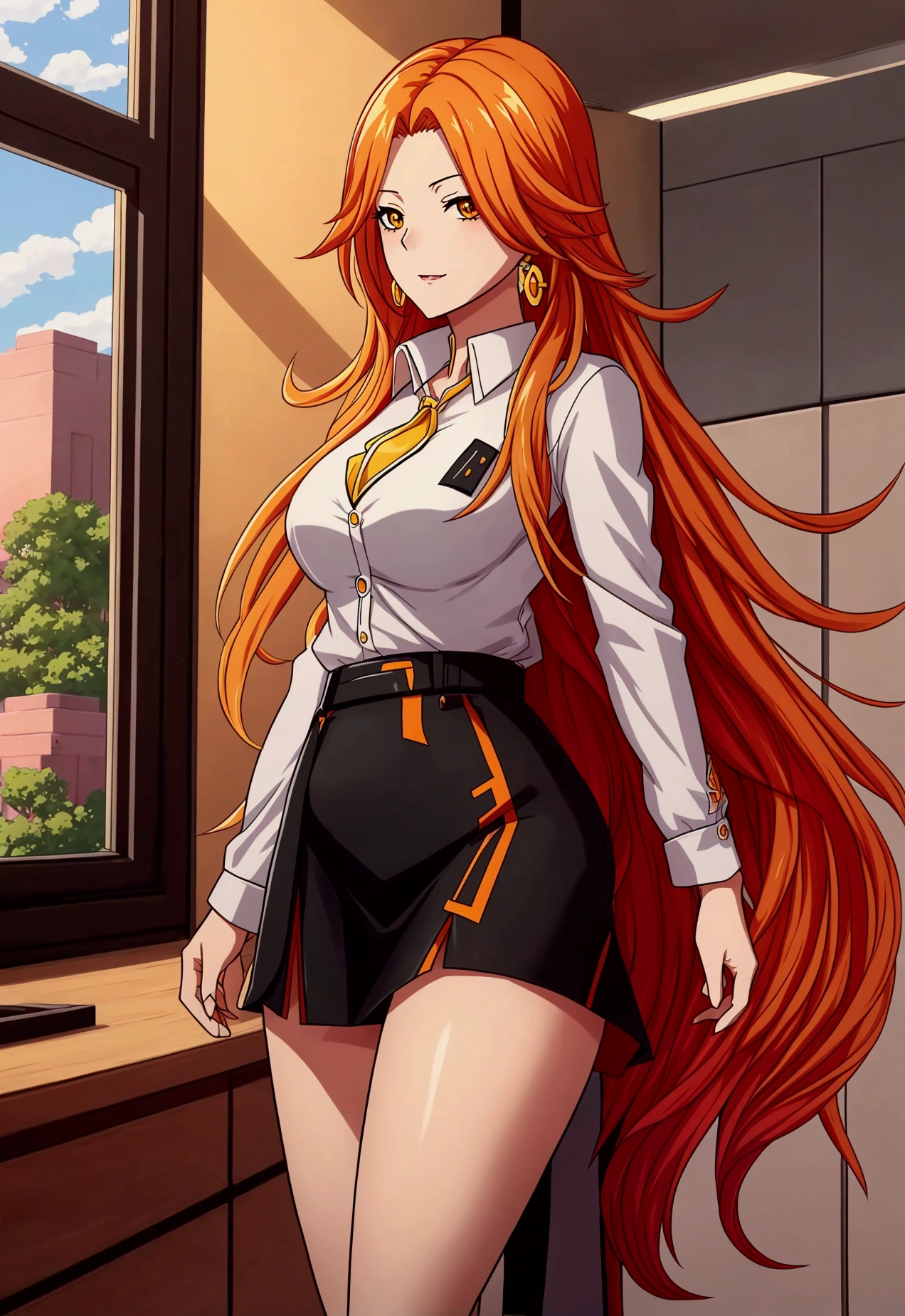 ol professional woman，28 years old，long hair anime girl, She has long orange-yellow hair.，Red and yellow hair，Attractive anime girl,White shirt，White shirt，Black hip skirt，business attire，office，city building，现代office，Very long hair，Large Breasts,Keep files,Exciting appearance，Front view，First Perspective，high quality，16K，Exciting appearance，very clearly，Exquisite mature facial，Royal sister，Alone，Standing front，Hands hanging down，High heel，whole body