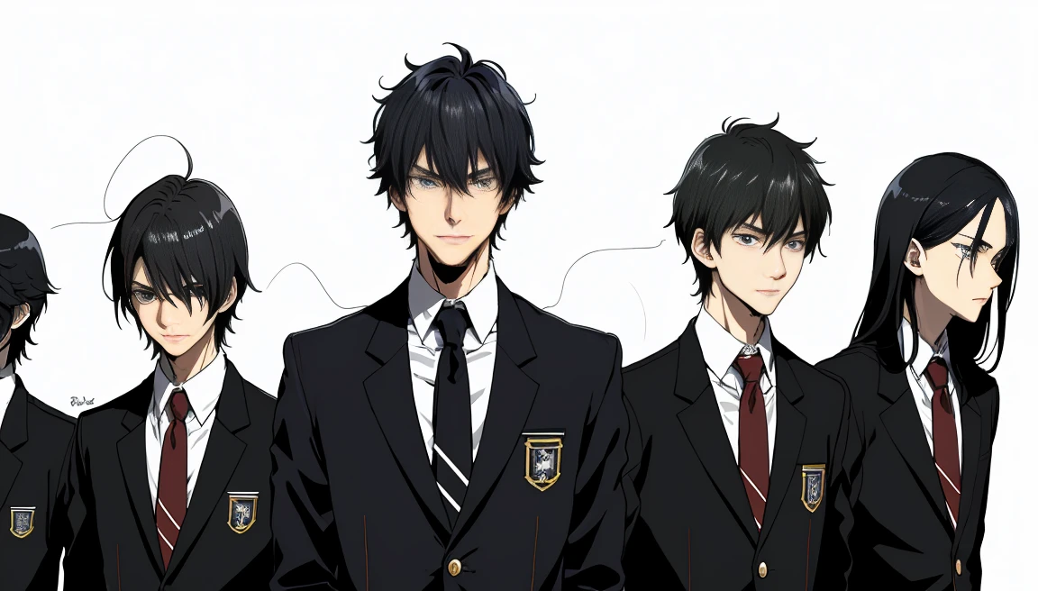 High  boys、Shaggy hair、Black Hair、blazer、Emotionless face、Anime illustration