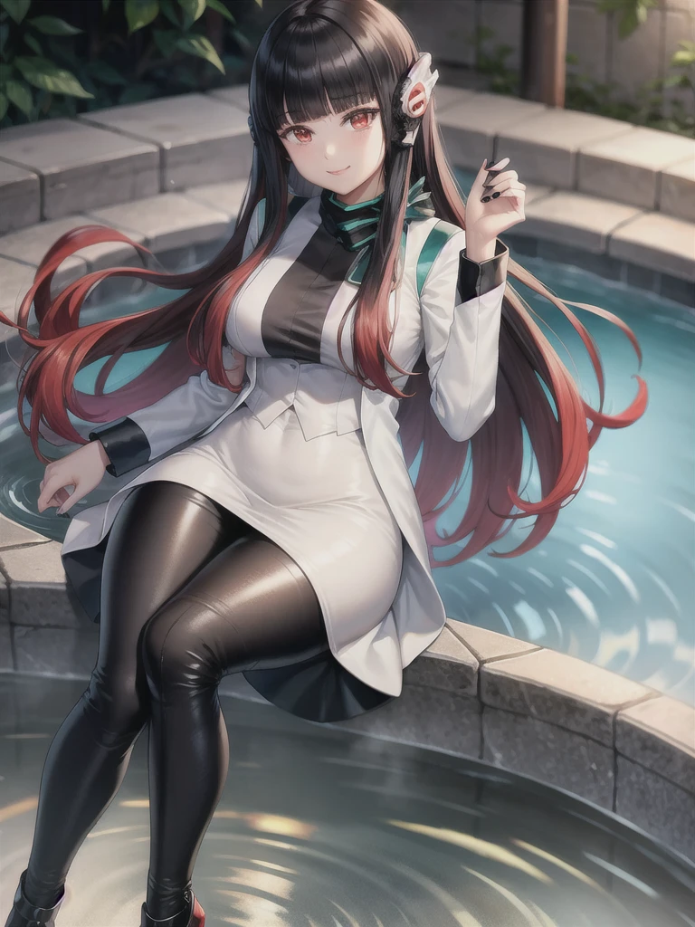 (extremely detailed CG), (best quality), 1girl, perfect face,shiny skin,narrow waist, wide hips  AzuArk,high heels, footwear,humagear_headphones,black nails,white jacket,skirt,long sleeves,red hair, red eyes, blunt bangs,pantyhose,multicolored hair,long hair,bangs,black hair, bathing in hot springs