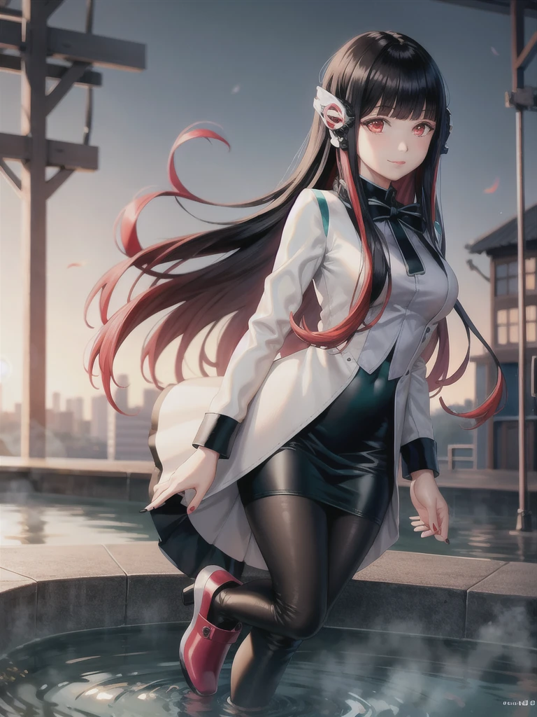 (extremely detailed CG), (best quality), 1girl, perfect face,shiny skin,narrow waist, wide hips  AzuArk,high heels, footwear,humagear_headphones,black nails,white jacket,skirt,long sleeves,red hair, red eyes, blunt bangs,pantyhose,multicolored hair,long hair,bangs,black hair, bathing in hot springs