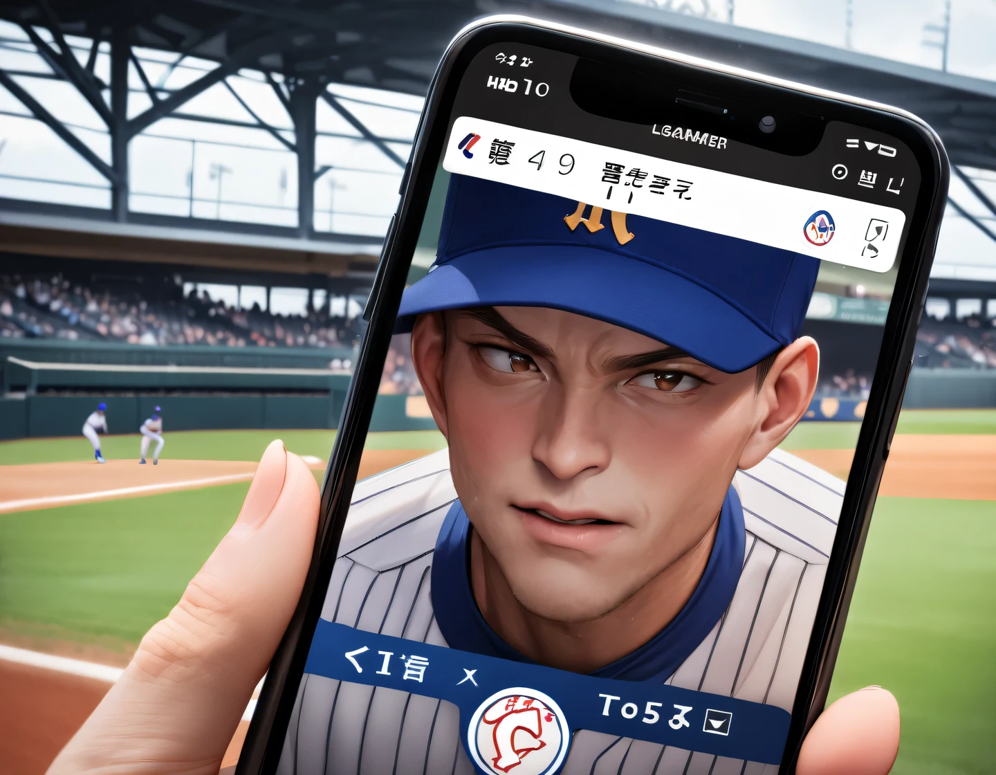 masterpiece, best quality, very aesthetic, absurdres, 
Baseball game, (Smartphone photo of player from bleachers, Close-up of player on smartphone screen), Baseball players in uniforms, In a baseball stadium