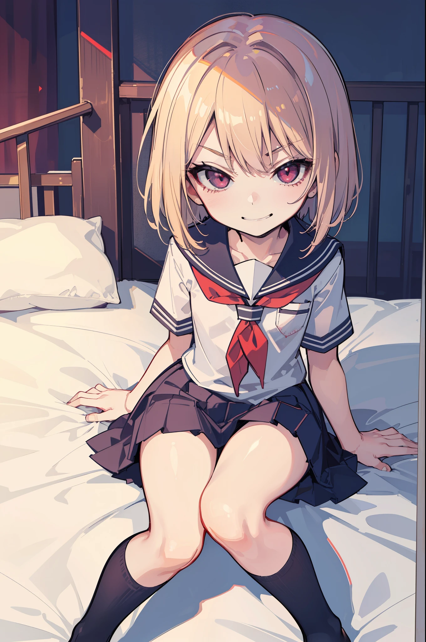 (Ideal:1.1), (perfect:1.1), (flawless:1.1), (highest quality:1.2), (best quality:1.2), (on bed:1.1), 1girl, (evil smirk:1.1), (scary smirk:1.1), sharp smirk, (loli:1.2), (child:1.1), (school uniform:1.1), detailed body, sexy thighs, small breasts, short hair, crimson eyes, high quality eyes, 4K, highest quality resolution, best quality resolution, best quality upscale,