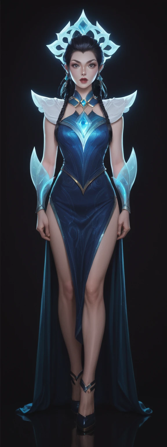 realistic, score_9, score_8_up, score_7_up, score_6_up,
1girl, solo, from front, full body, Renata \(league of legends\), black background, makeup, sidelighting, backlighting, glowing,