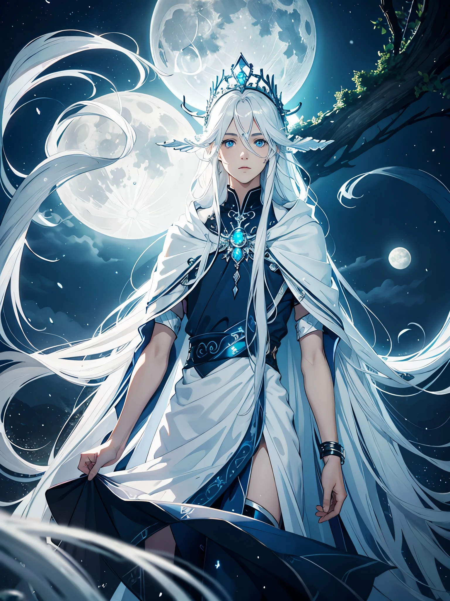 Blue light. Göttlich. Mystisch. Long hair. long white hair. aquatic, boy, Goddess of the Moon, silver hair accessories, White hair, White dress, cape, at night, saturated colors, light eyes, bright, light blue light, blue eyes, Jewelry silver, bluish light, Full moon in the background, aquatic in der Luft rosa kerzen