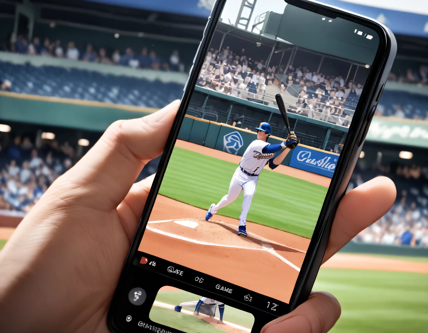 masterpiece, best quality, very aesthetic, absurdres, 
Baseball game, (Smartphone photo of player from bleachers, Close-up of player on smartphone screen), Baseball players in uniforms, In a baseball stadium