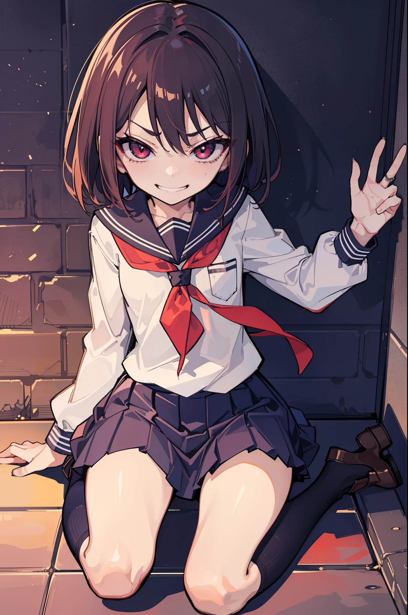 (Ideal:1.1), (perfect:1.1), (flawless:1.1), (highest quality:1.2), (best quality:1.2), street, 1girl, (evil smirk:1.1), (scary smirk:1.1), sharp smirk, (li:1.2), (child:1.1), (school uniform:1.1), detailed body, sexy thighs, small breasts, short hair, crimson eyes, high quality eyes, 4K, highest quality resolution, best quality resolution, best quality upscale,