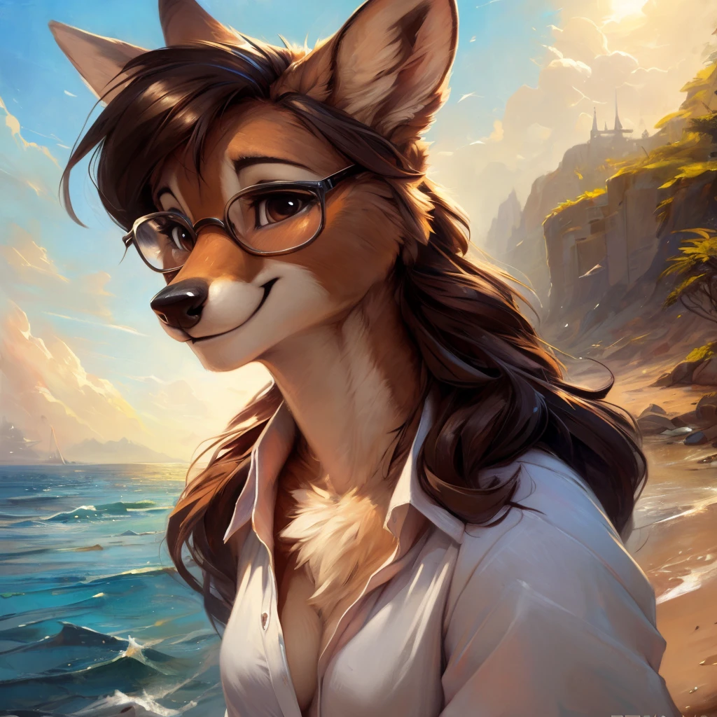 uploaded on e621, by Pixelsketcher, by Bayard Wu, by Thomas Benjamin Kennington , by Einshelm, by hioshiru and kenket, Chunie, portrait, solo anthro female deer doe, with small featureless breasts, clear dark blue, cinematic lighting, day, sunny day, beach, stays in the sea, sea background, mediterranean background, horizon background, shiny, short curly dark brown hair, wears big black nerd glasses, very very beautiful furry art, furry art, smiling, joyful, shiny, happy, feminine, cute face, muzzle, fluffy chest, flawless face, Fallow deer, 1girl, Sakimichan is beautiful, Masterpiece, Wavethesallow Face, shiny, Detailed image, portrait, Detailed image, portrait, full body, wearing wide, long, white blouse, shiny, realistic face, perfect ???????, hourglass body, (furry body:1.1), anthropomorphic deer, small fluffy tail, detailed background, (cute ???????:1.1), windy, smiling, very happy, happy