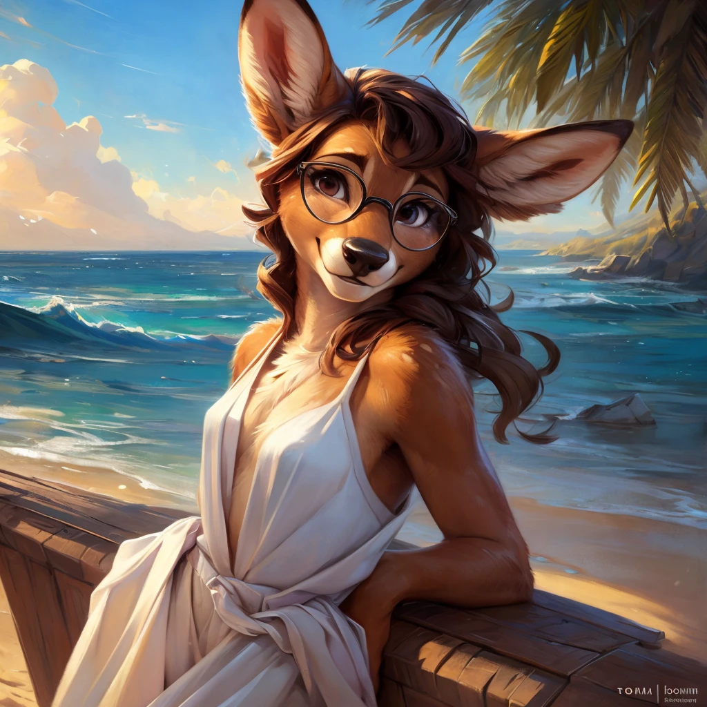 uploaded on e621, by Pixelsketcher, by Bayard Wu, by Thomas Benjamin Kennington , by Einshelm, by hioshiru and kenket, Chunie, portrait, solo anthro female deer doe, with small featureless breasts, clear dark blue, cinematic lighting, day, sunny day, beach, stays in the sea, sea background, mediterranean background, horizon background, shiny, short curly dark brown hair, wears big black nerd glasses, very very beautiful furry art, furry art, smiling, joyful, shiny, happy, feminine, cute face, muzzle, fluffy chest, flawless face, Fallow deer, 1girl, Sakimichan is beautiful, Masterpiece, Wavethesallow Face, shiny, Detailed image, portrait, Detailed image, portrait, full body, wearing wide, long, white blouse, shiny, realistic face, perfect anatomy, hourglass body, (furry body:1.1), anthropomorphic deer, small fluffy tail, detailed background, (cute anatomy:1.1), windy, smiling, very happy, happy