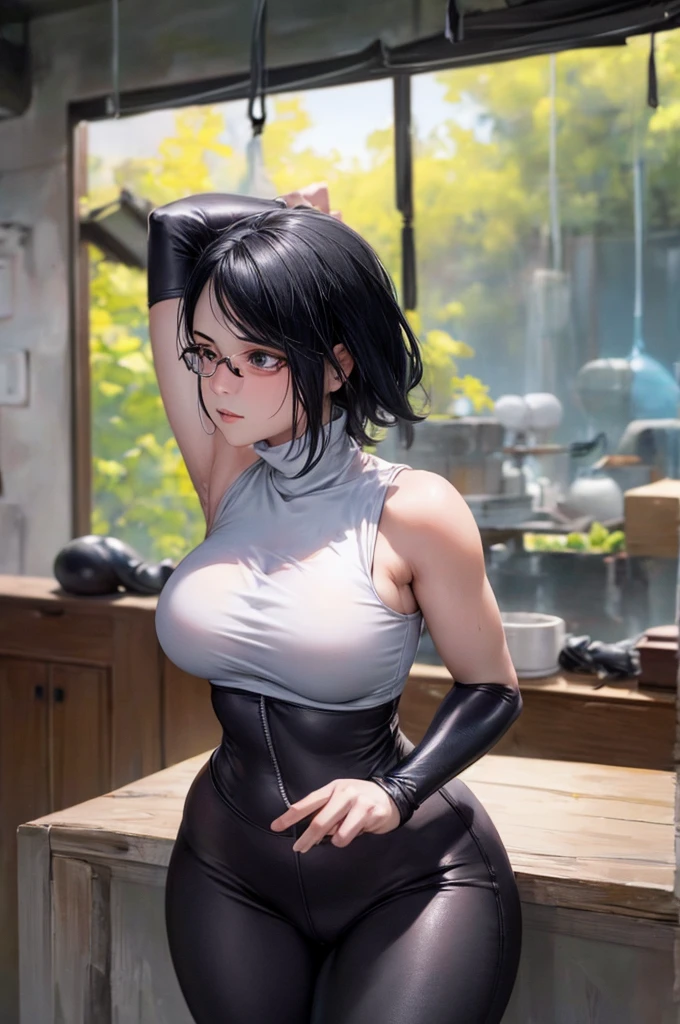 (best quality, highres:1.2), 1girl, beautiful detailed eyes, beautiful detailed lips, extremely detailed eyes and face, long eyelashes, medium:oil painting, vivid colors, HDR, studio lighting, ultra-fine painting, sharp focus, physically-based rendering, extreme detail description, portraits, curvy body, big breasts, perfect shape, showing armpit, facing viewer, sweaty, gorgeous, arms up, half body picture, appearing in full frame, sleeveless turtleneck, glasses, (black leather leggins:1.4), show cameltoe